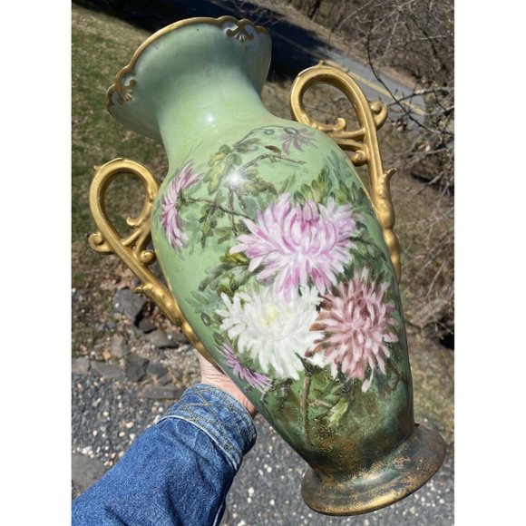 LARGE 15.5" Antique Continental Porcelain Hand Painted Gilt Handled Vase - Picture 1 of 16